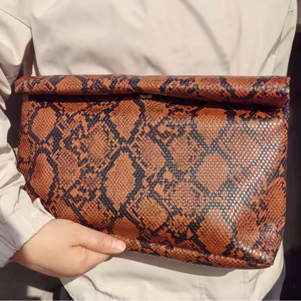 Brown Snake-Print Foldover Clutch Bag